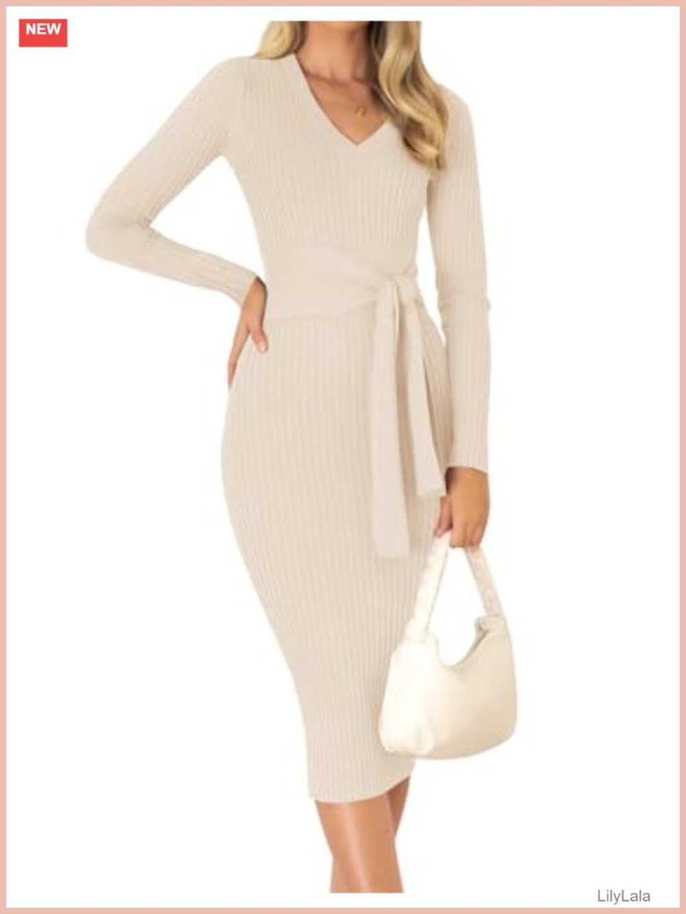 Women's Long Sleeve Bodycon Midi Sweater Dress Tie Waist V Neck Knit